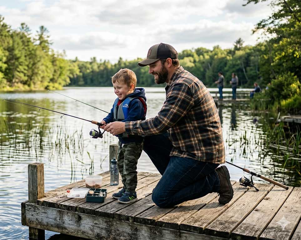 men fishing with the kid by the lake